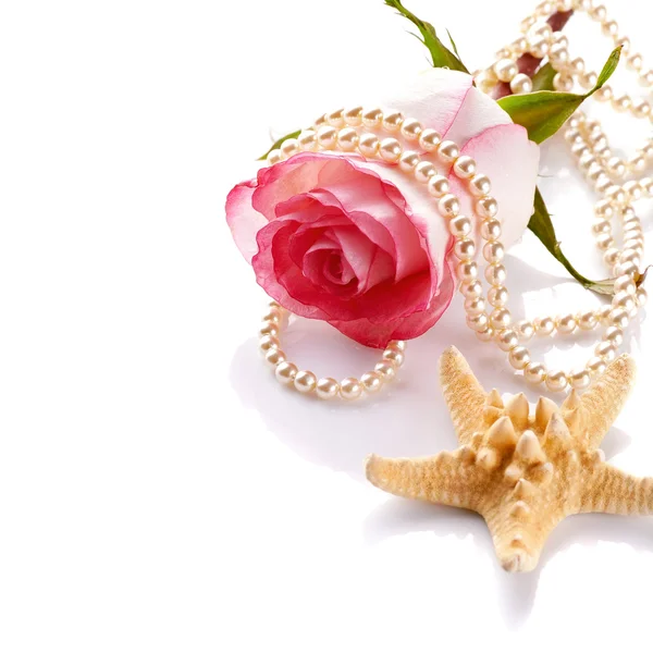 Pink rose with a pearl beads and a starfish. — Stock Photo, Image