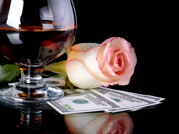 Glass, rose and money. — Stock Photo, Image