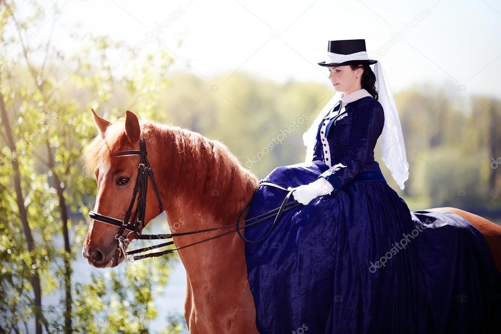 Portrait of the lady on a red horse.