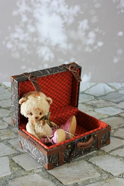 Teddy Bear Sits Doll Suitcase — Stock Photo, Image