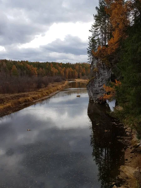 Trees Grow Rocky River Bank — Stock Photo, Image