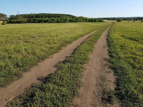 緑の野の未舗装の田舎道 — ストック写真