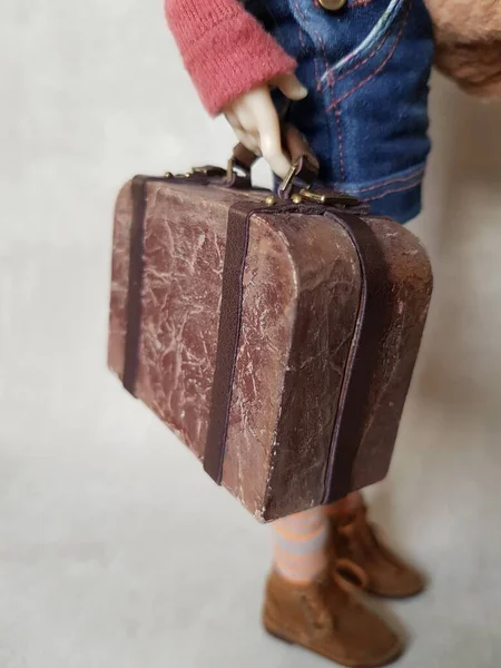 Doll Holding Toy Suitcase Hand — Stock Photo, Image