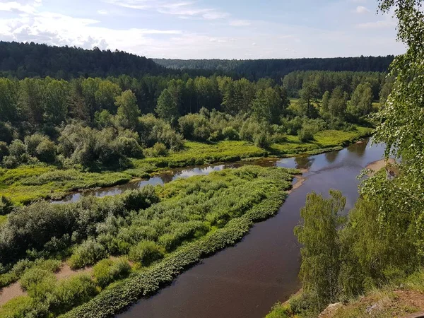 Drzewa Rosną Skalistym Brzegu Rzeki — Zdjęcie stockowe