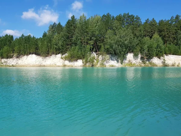 Turkuaz gölünün kıyısında ağaçlar yetişir.