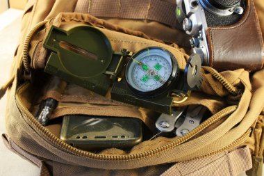 Compass, multitool and camera in a backpack