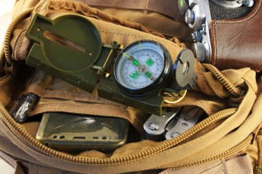 Compass, multitool and camera in a backpack
