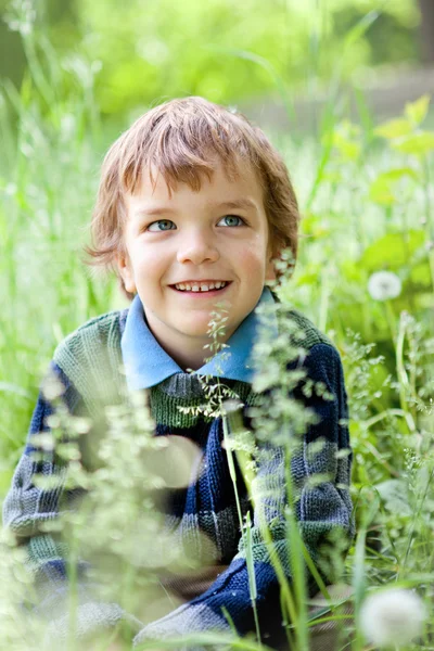 Retrato de menino sentado na grama no parque — Fotografia de Stock