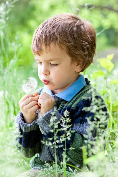 Porträt eines Jungen, der im Park auf Gras sitzt — Stockfoto