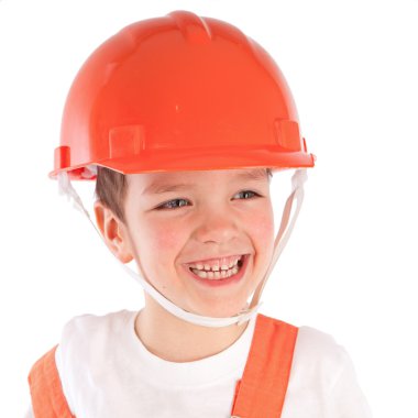 Turuncu kask, izolasyon içinde çocuk portresi