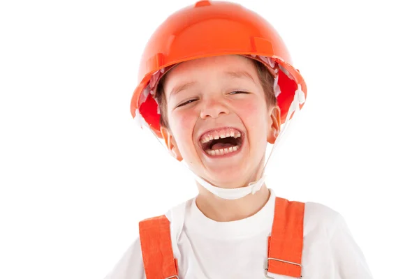 オレンジ色のヘルメット、絶縁の少年のポートレート — ストック写真