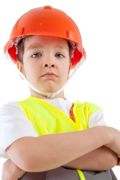 Porträt eines Jungen mit orangefarbenem Helm, Isolierung — Stockfoto