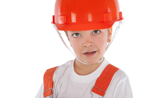 Retrato de menino em capacete laranja, isolamento — Fotografia de Stock