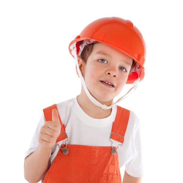 Portrait of boy in orange helmet, isolation — Stock Photo, Image