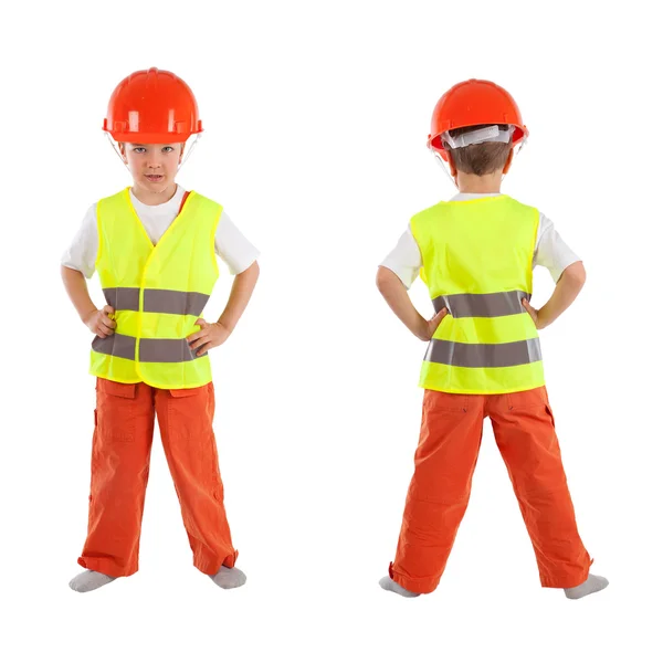Портрет мальчика в оранжевом шлеме, изоляция — стоковое фото