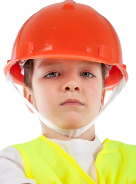 Porträt eines Jungen mit orangefarbenem Helm, Isolierung — Stockfoto