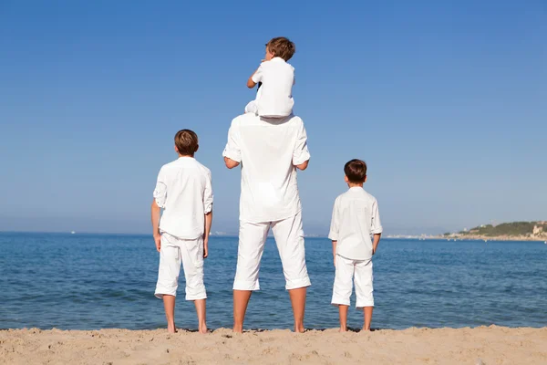 Вид сзади отца и сыновей, прогуливающихся по пляжу — стоковое фото