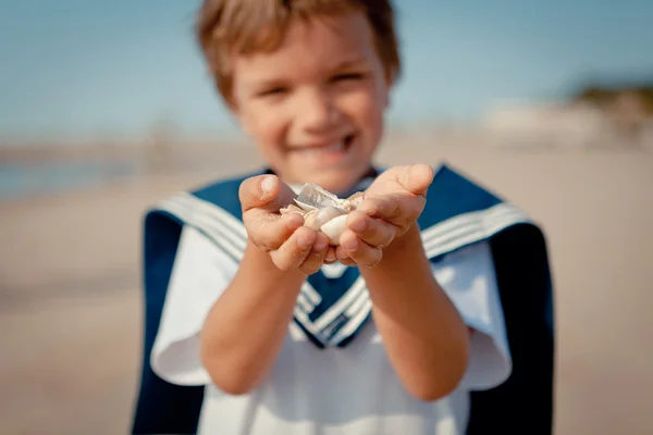 Niño sosteniendo conchas marinas en las palmas — Foto de Stock