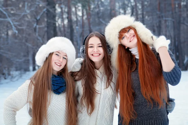 Retrato de tres hermosas chicas en el parque de invierno — Foto de Stock