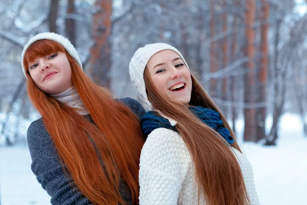 Portrait of two beautiful girls in winter park — Stock Photo, Image