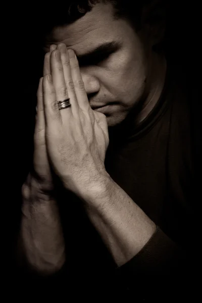 Portrait of pensive man with hands — Stock Photo, Image