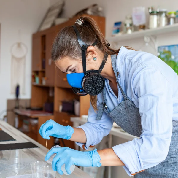 Mixing Process Two Resin Components Creativity Gloved Hands Resin Art — Stock Photo, Image