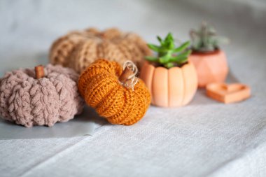 Sonbahar dekorasyonu için el yapımı kumaş balkabakları. Cadılar bayramı için balkabağı ördüm.