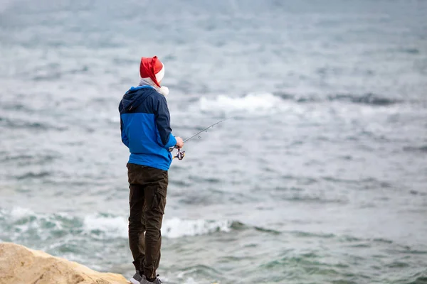 Guy Fishing Seashore Boy Holds Spinning Rod His Hands — Stock Photo, Image