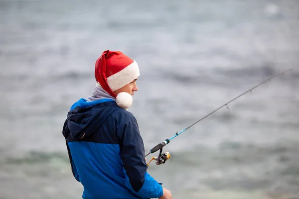 Guy Fishing Seashore Boy Holds Spinning Rod His Hands — Stock Photo, Image