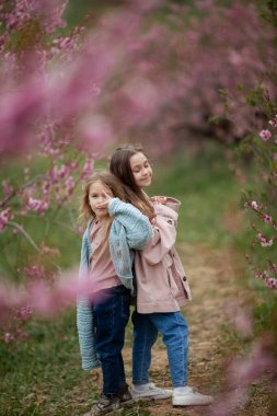 7-10 yaşlarındaki güzel kızlar çiçek açmış arka planda yakın plan. Bahar sezonu. Çocukluk.