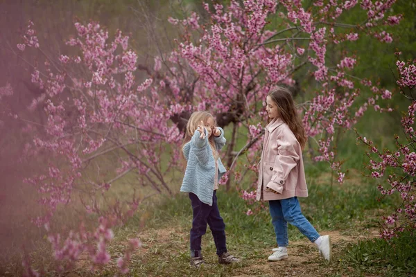 Hübsche Mädchen Jahre Alt Mit Blumen Über Blühender Natur Hintergrund — Stockfoto