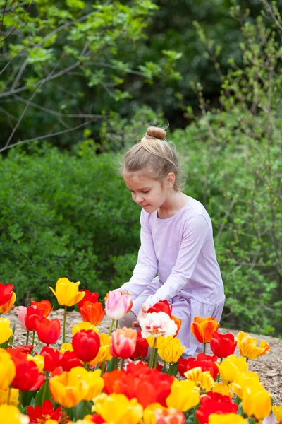 Ein Schönes Hübsches Mädchen Sitzt Der Nähe Eines Blumenbeetes Aus — Stockfoto