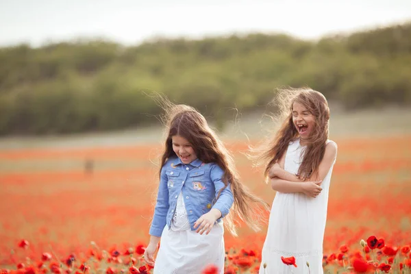 Schöne Und Glückliche Schwestern Mohnfeld Die Mädchen Lachen — Stockfoto