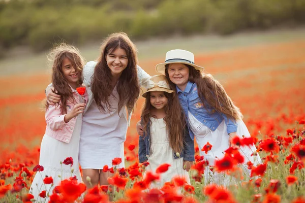 Schöne Und Glückliche Schwestern Mohnfeld Die Mädchen Lachen — Stockfoto