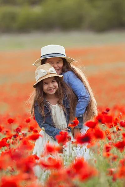 Красиві Щасливі Сестри Маковому Полі Дівчата Сміються — стокове фото