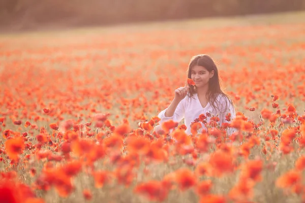 Krásná Dívka Bílých Šatech Makovém Poli — Stock fotografie