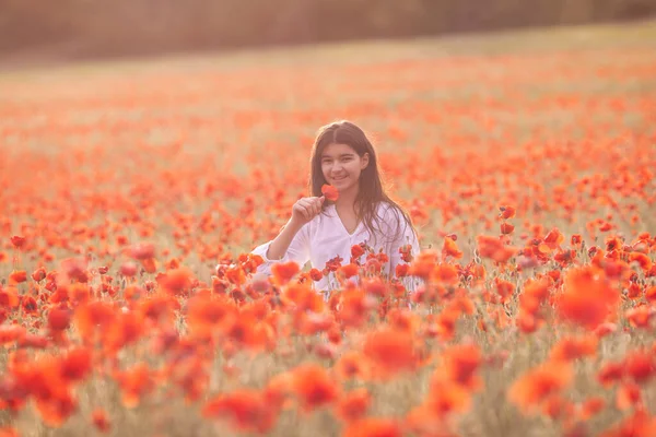 Gelincik Tarlasında Beyaz Elbiseli Güzel Bir Kız — Stok fotoğraf