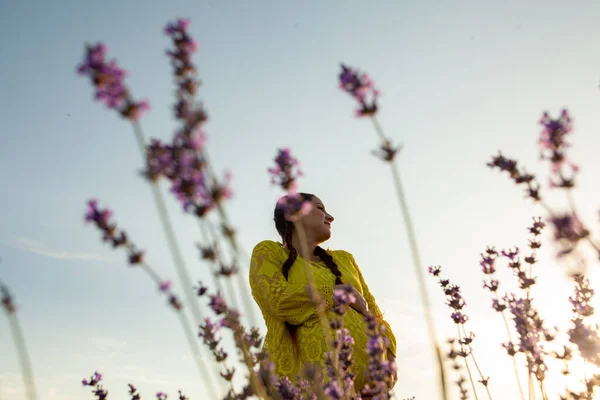 Έγκυος Γυναίκα Λεβάντα Λουλούδια Τομέα Στο Ηλιοβασίλεμα Κίτρινο Φόρεμα — Φωτογραφία Αρχείου
