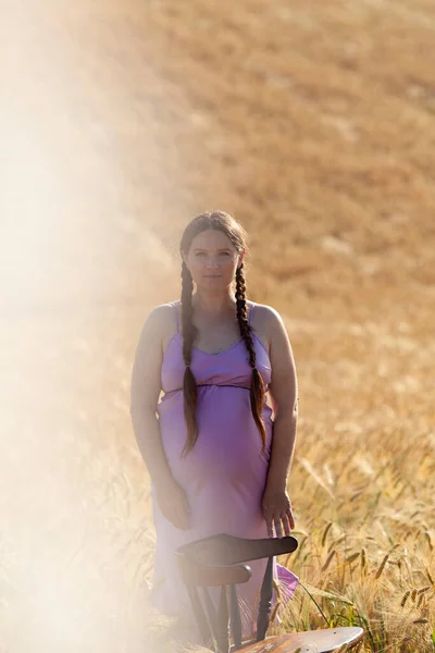 Pregnant Woman Wheat Field — Stock Photo, Image