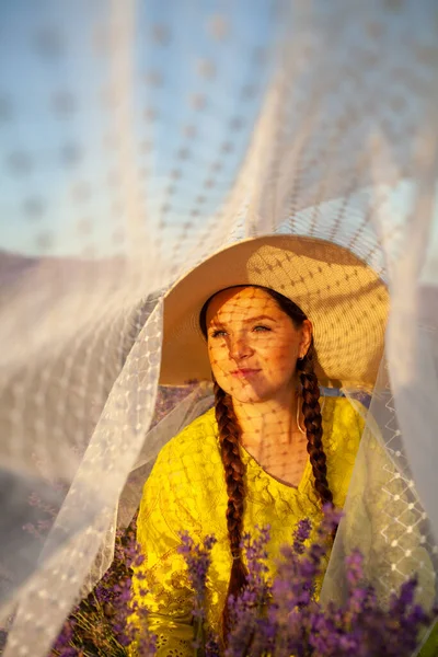 Pregnant Woman Lavender Flowers Field Sunset Yellow Dress Stock Photo