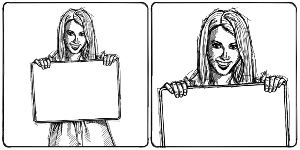 Szkic szczęśliwy biznes kobieta gospodarstwa puste, białe karty — Zdjęcie stockowe