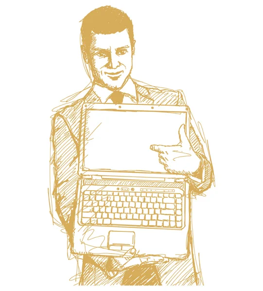 Croquis homme d'affaires avec ordinateur portable ouvert dans ses mains — Image vectorielle