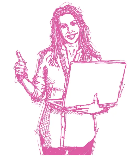 Sketch weiblich mit Laptop zeigt gut gemacht — Stockvektor