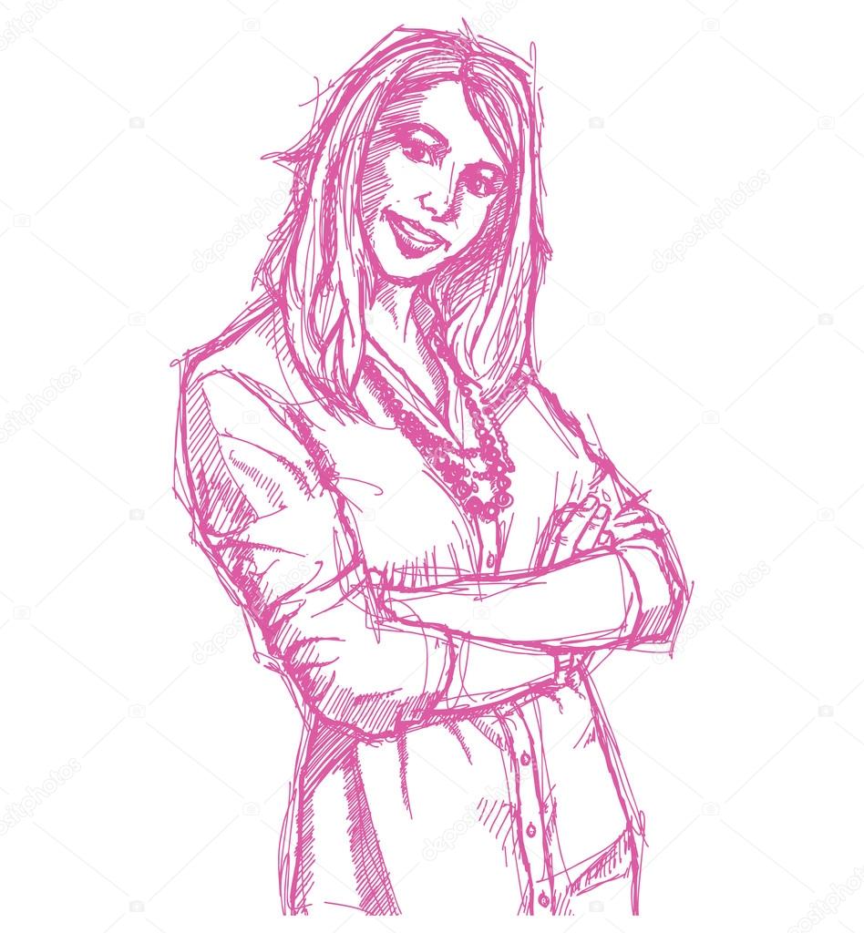 Sketch young business woman with crossed hands