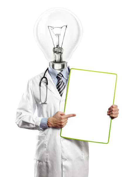 Lâmpada cabeça Doctor Man com placa vazia — Fotografia de Stock