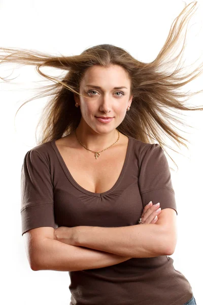 Frau mit Wind im Haar — Stockfoto