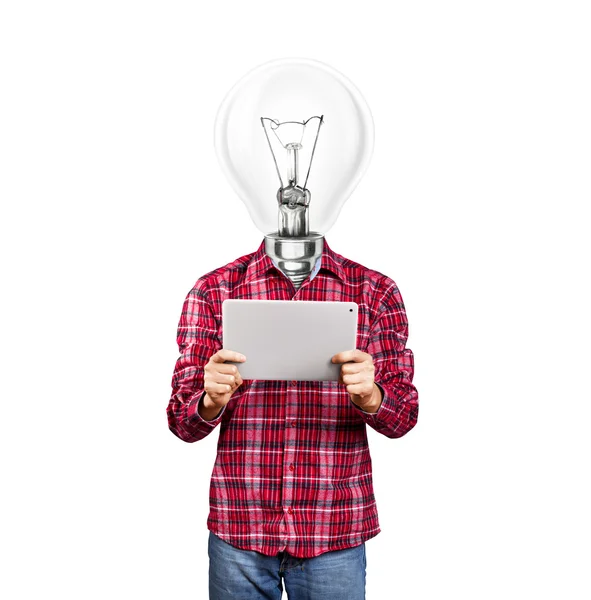 Lamp hoofd man met touchpad — Stockfoto