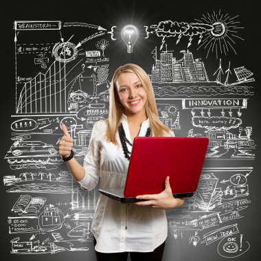 fikir kavramı ile laptop kadın Aferin gösterir