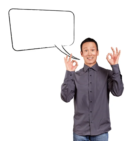 Asian Man Shows OK with Speech Bubble — Stock Photo, Image