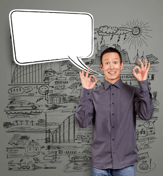 Asiático hombre muestra bien con discurso burbuja —  Fotos de Stock
